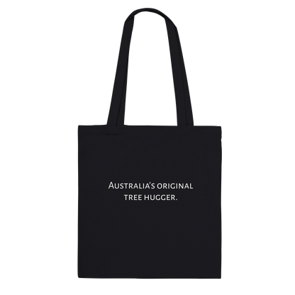 Koala photograph tote bag, Classic style, Black colour, back view with "Australia's original tree hugger" text in white