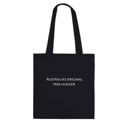 Koala photograph tote bag, Classic style, Black colour, back view with "Australia's original tree hugger" text in white