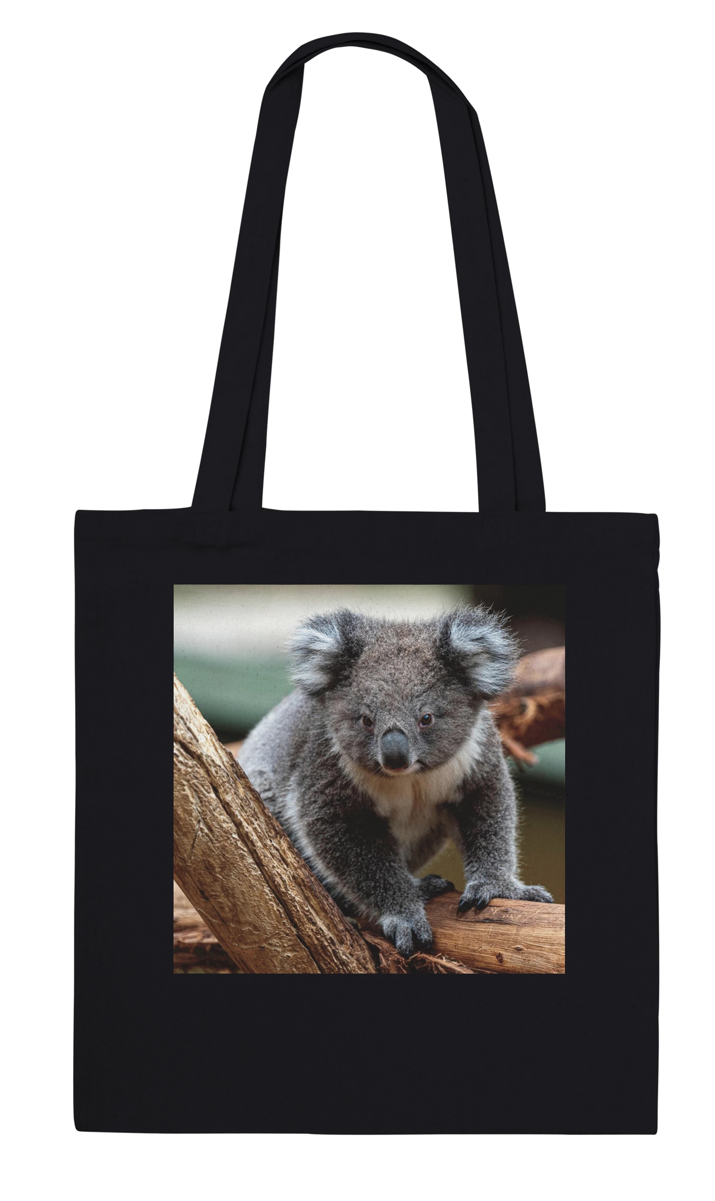 Koala photograph printed on a black canvas tote bag, Classic style, front view