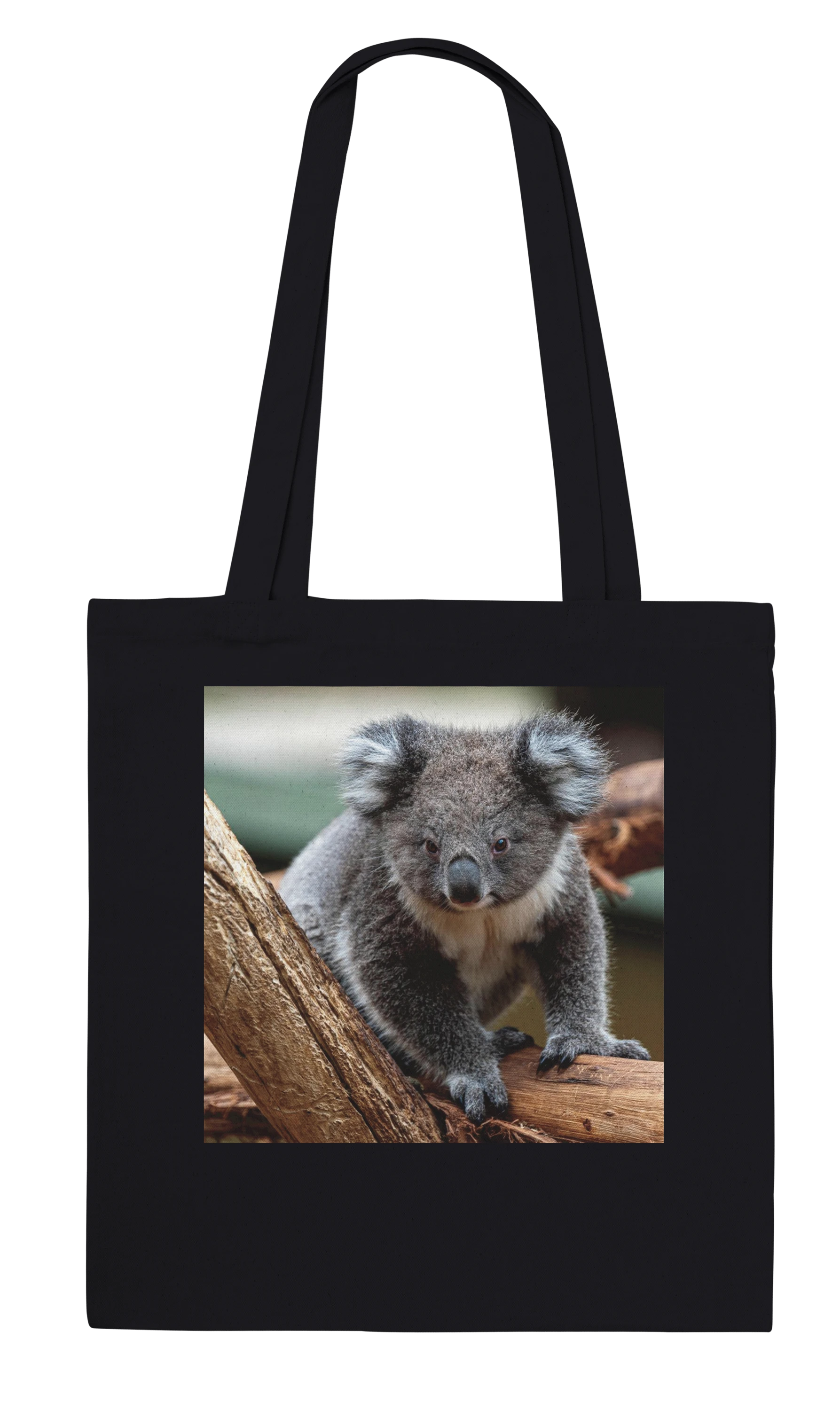 Koala photograph printed on a black canvas tote bag, Classic style, front view