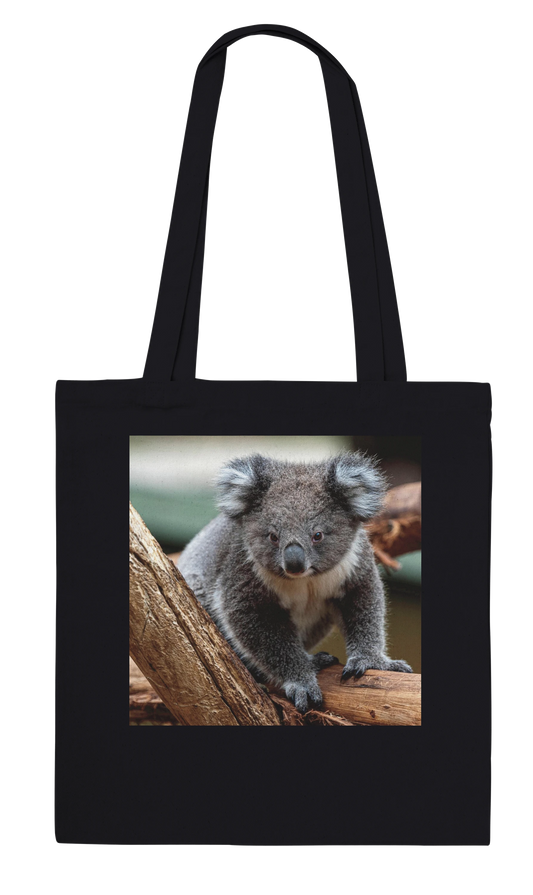 Koala photograph printed on a black canvas tote bag, Classic style, front view
