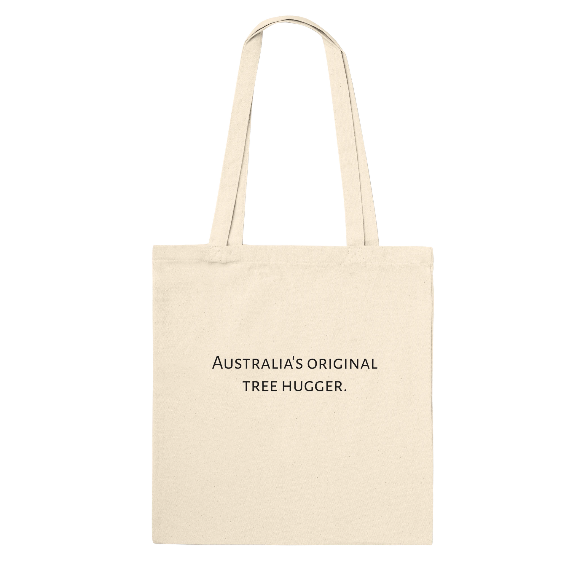 Koala photograph tote bag, Classic style, Natural colour, back view with "Australia's original tree hugger" text