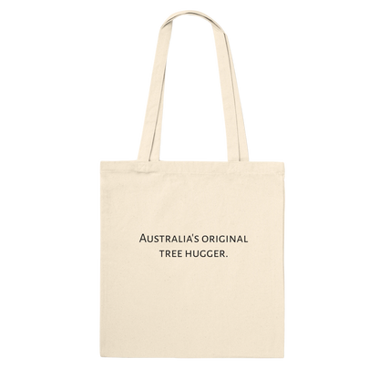 Koala photograph tote bag, Classic style, Natural colour, back view with "Australia's original tree hugger" text