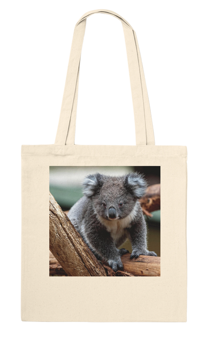 Koala photograph printed on a natural canvas tote bag, Classic style, front view