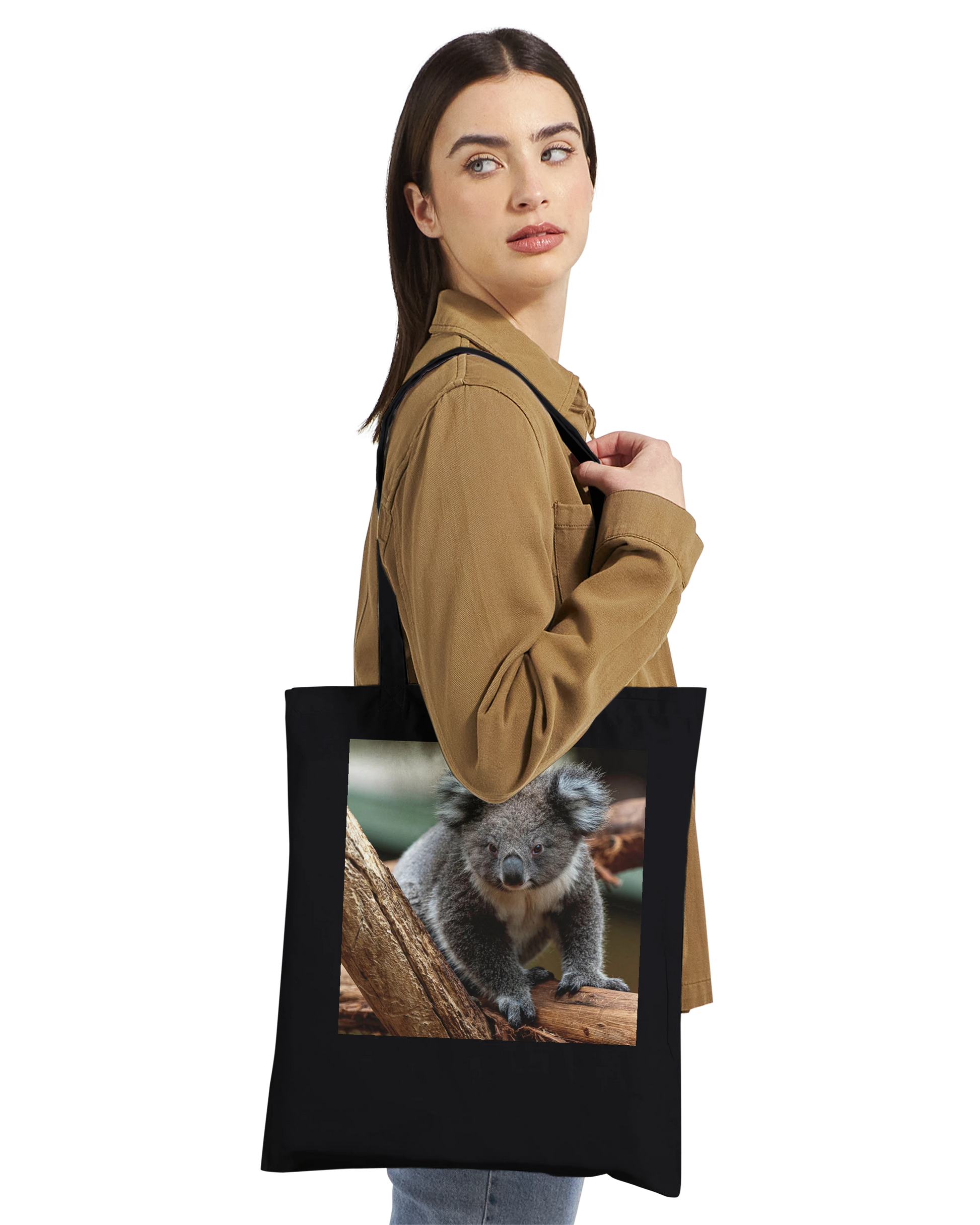 Model carrying a black canvas tote bag printed with a koala photograph, Premium style