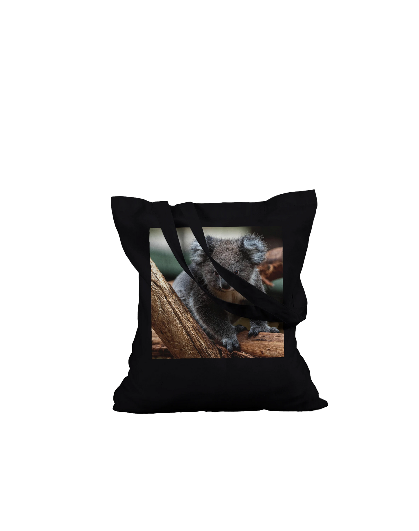 Koala photograph printed on a black canvas tote bag, Premium style, laid flat