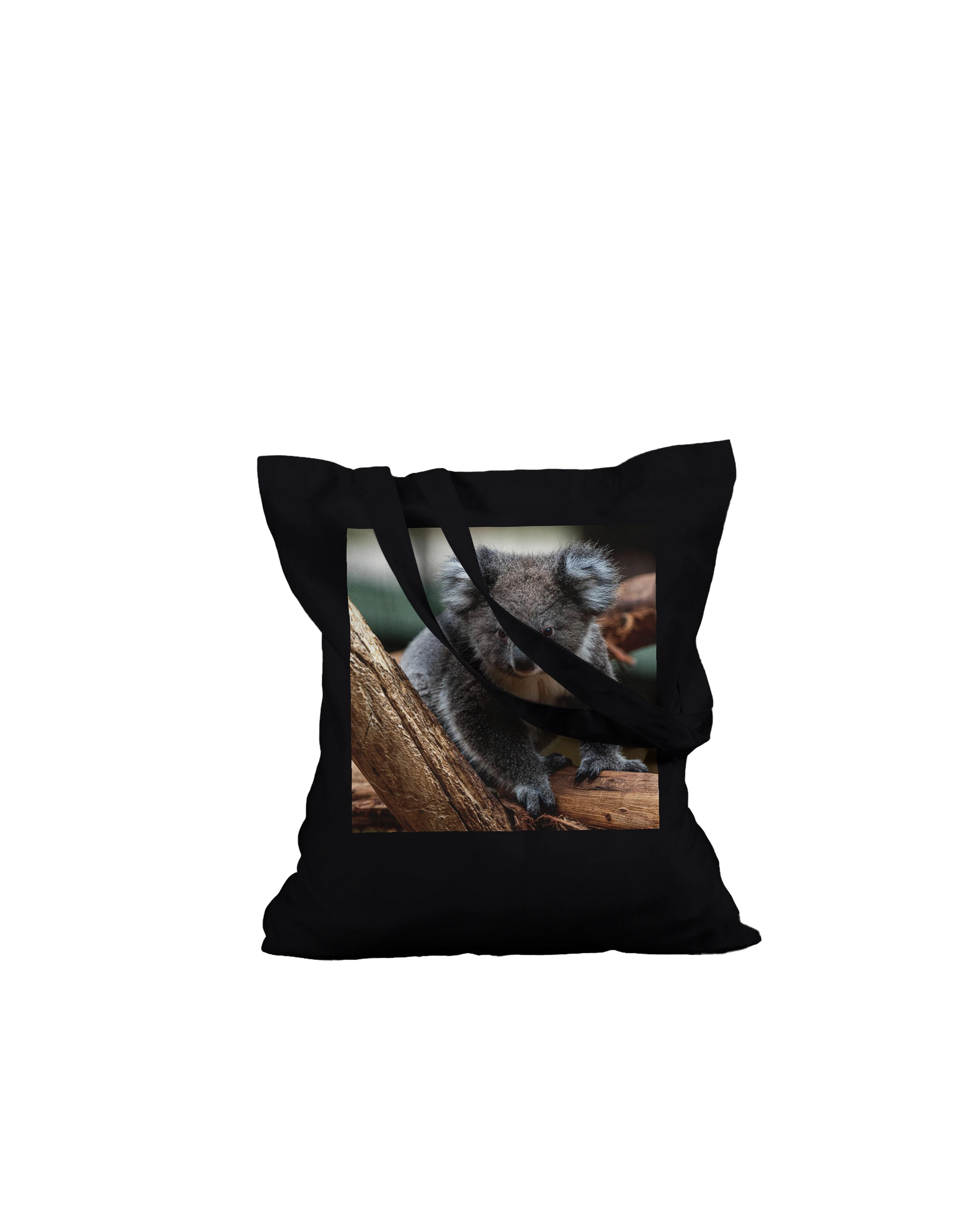 Koala photograph printed on a black canvas tote bag, Premium style, laid flat