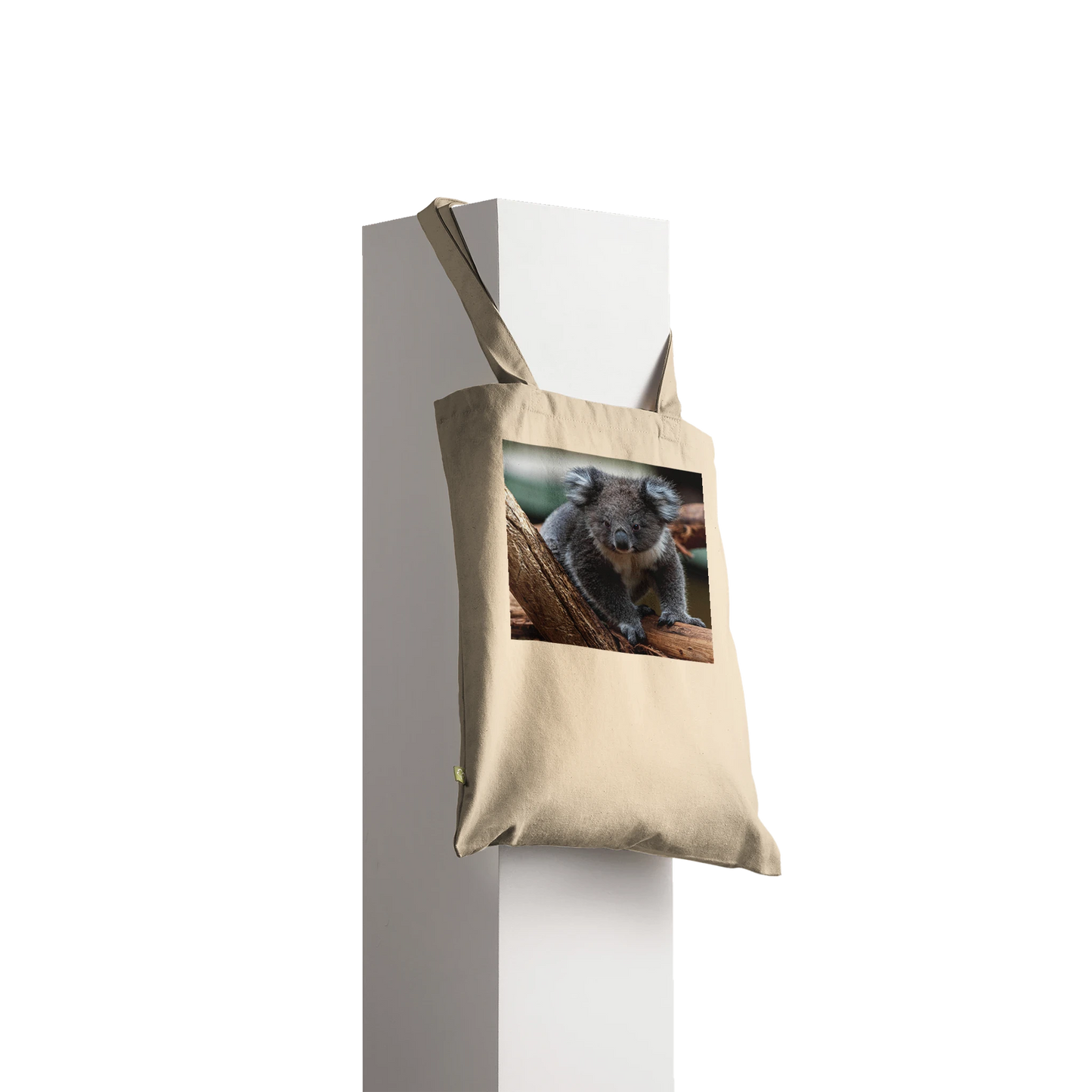 Koala photograph printed on a natural canvas tote bag, Premium style, front view