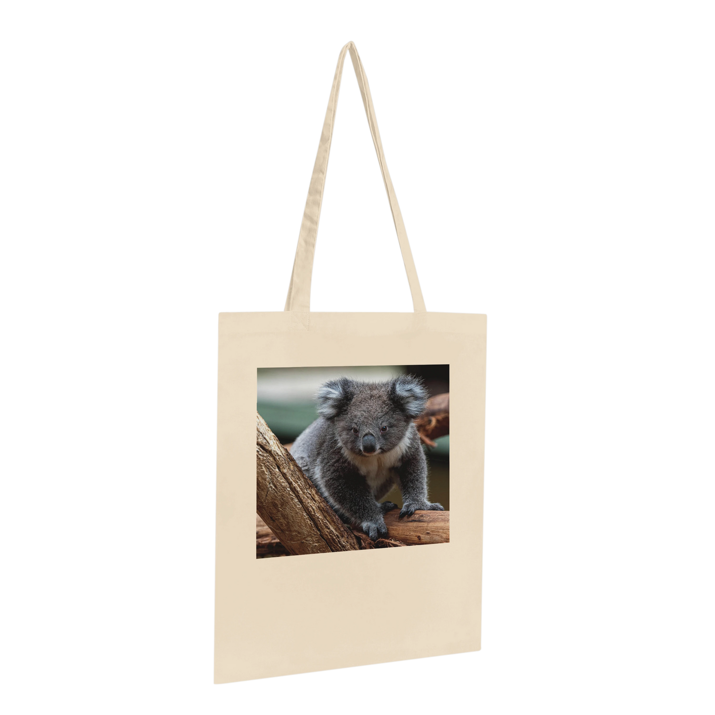 Natural canvas tote bag printed with a koala photograph, Premium style, hanging profile view