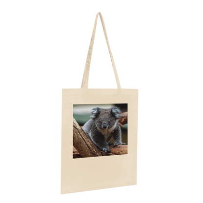 Natural canvas tote bag printed with a koala photograph, Premium style, hanging profile view