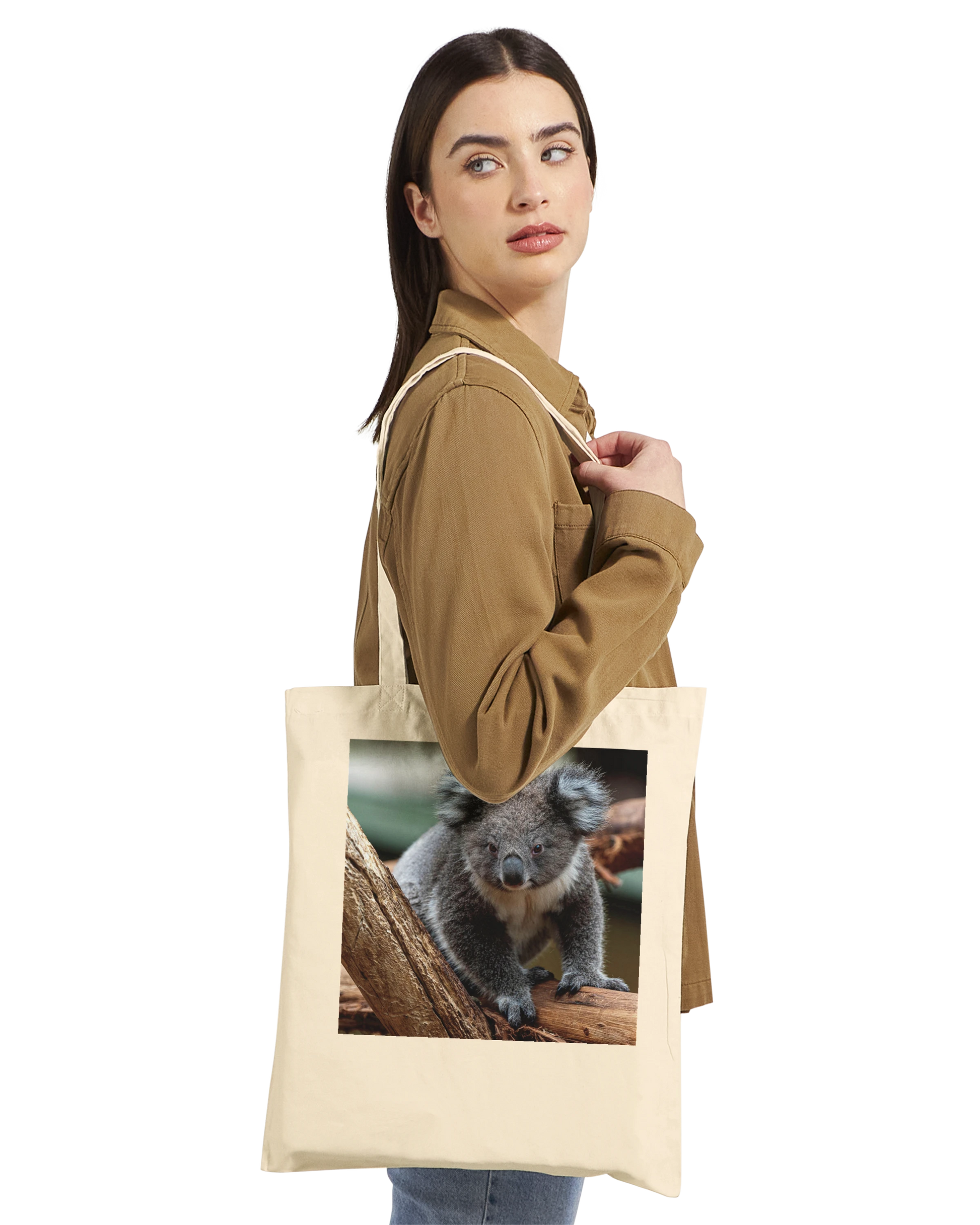 Model carrying a natural canvas tote bag printed with a koala photograph, Premium style
