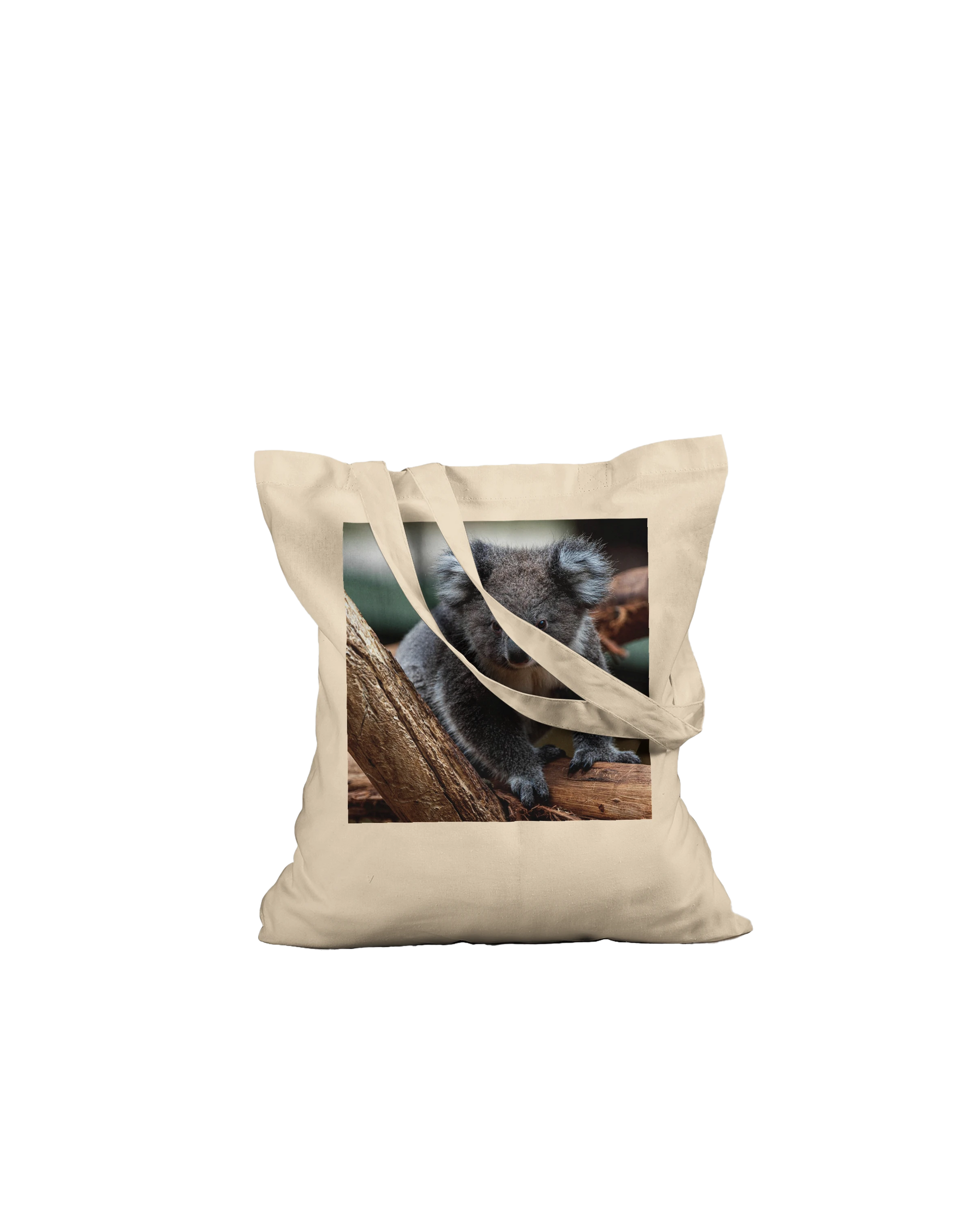 Koala photograph printed on a natural canvas tote bag, Premium style, laid flat