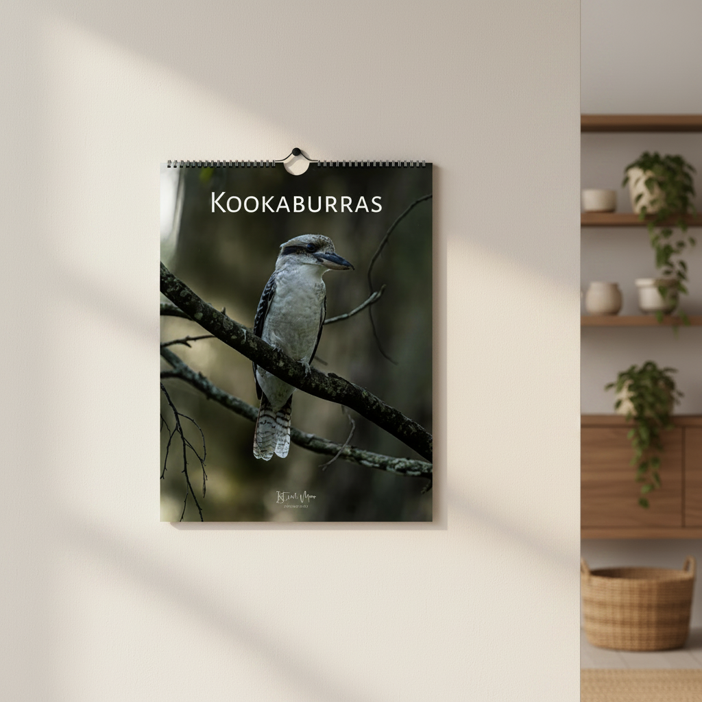 Kookaburras A3 wall calendar displayed on a bright sunlit white wall – Australian bird photography calendar gift idea