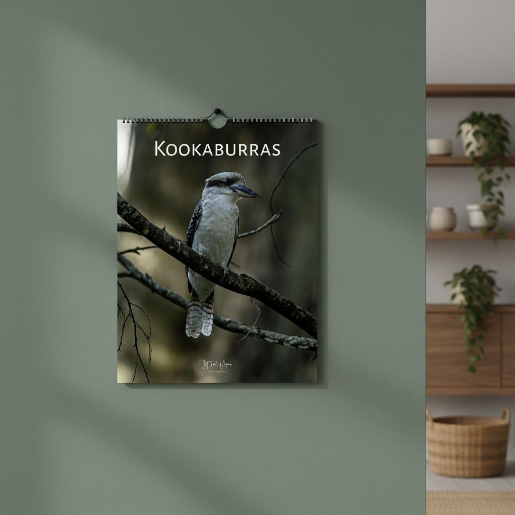 Kookaburras A3 wall calendar hung on a dark interior wall – fine art Australian wildlife photography home décor
