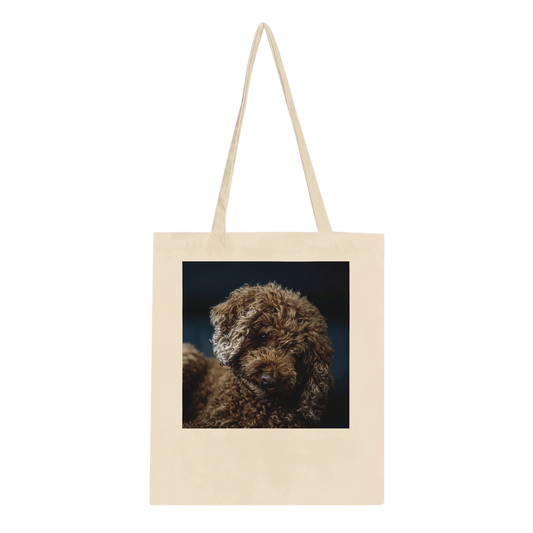 Lexi the Cavoodle canvas tote bag, Classic style in Natural, front view with a fine art portrait of a brown curly cavoodle tilting her head