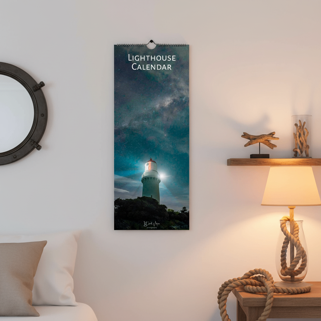 Lighthouse calendar hanging on a wall with decorative elements like a lamp and shelf.