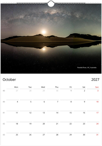 2027 Reflections Wall Calendar – October monthly spread with water reflection photography