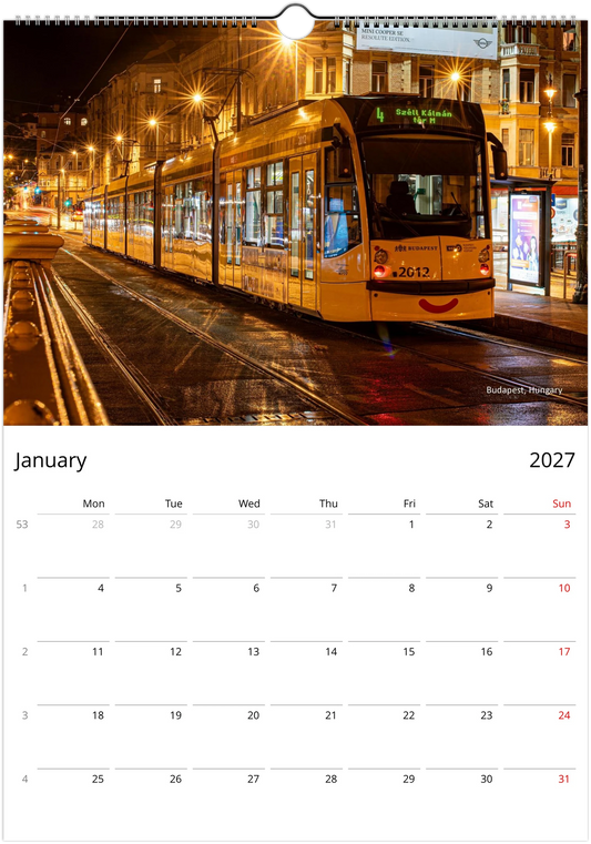 Yellow Budapest tram number 4 at night on a wet city street illuminated by warm golden street lights - Budapest Hungary - Trams After Dark wall calendar January