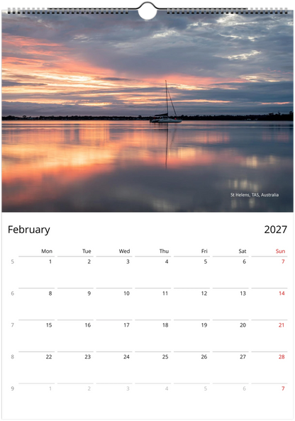2027 Reflections Wall Calendar – February monthly spread with water reflection photography