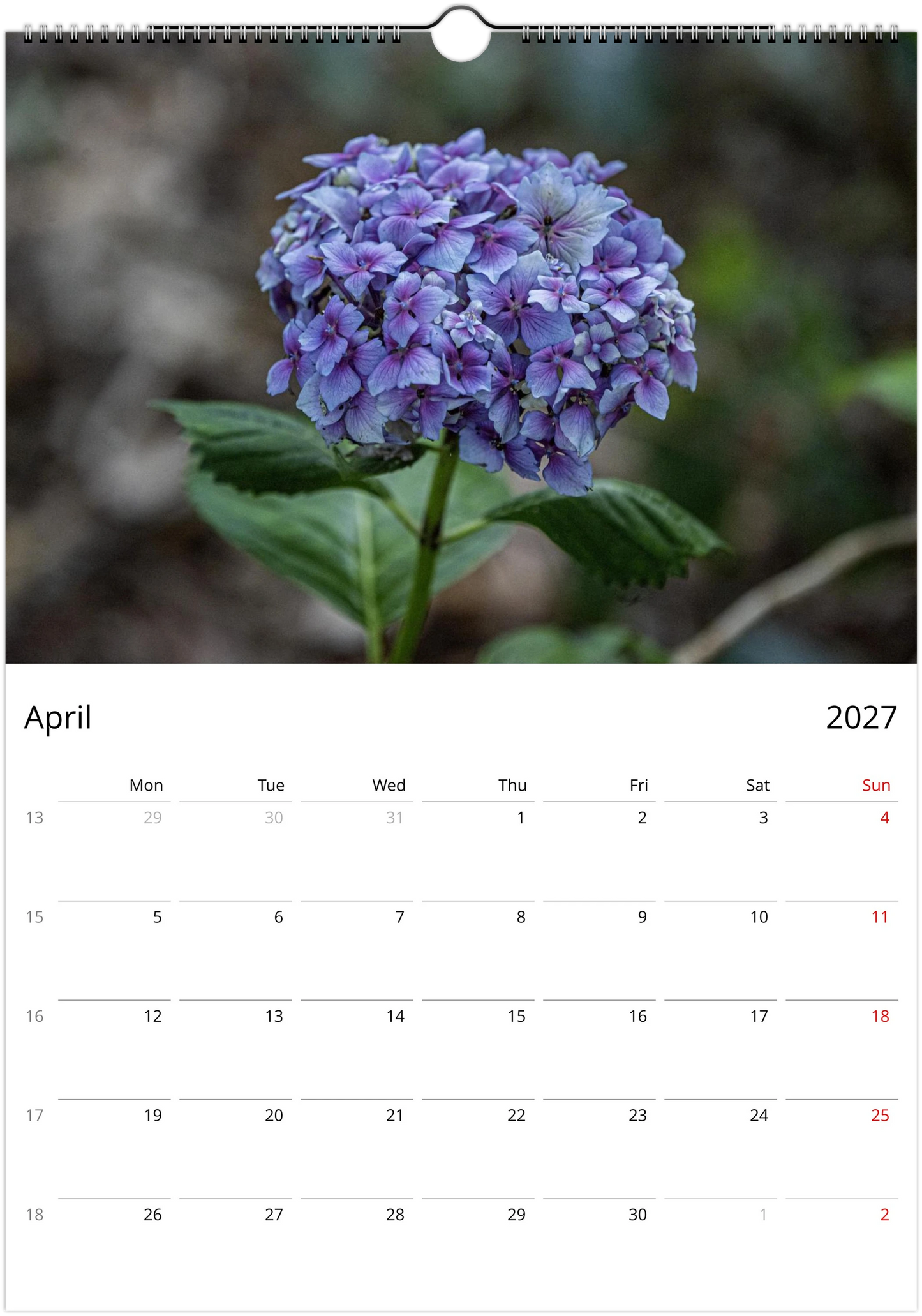 Calendar page for April 2027 with a purple flower on a blurred natural background