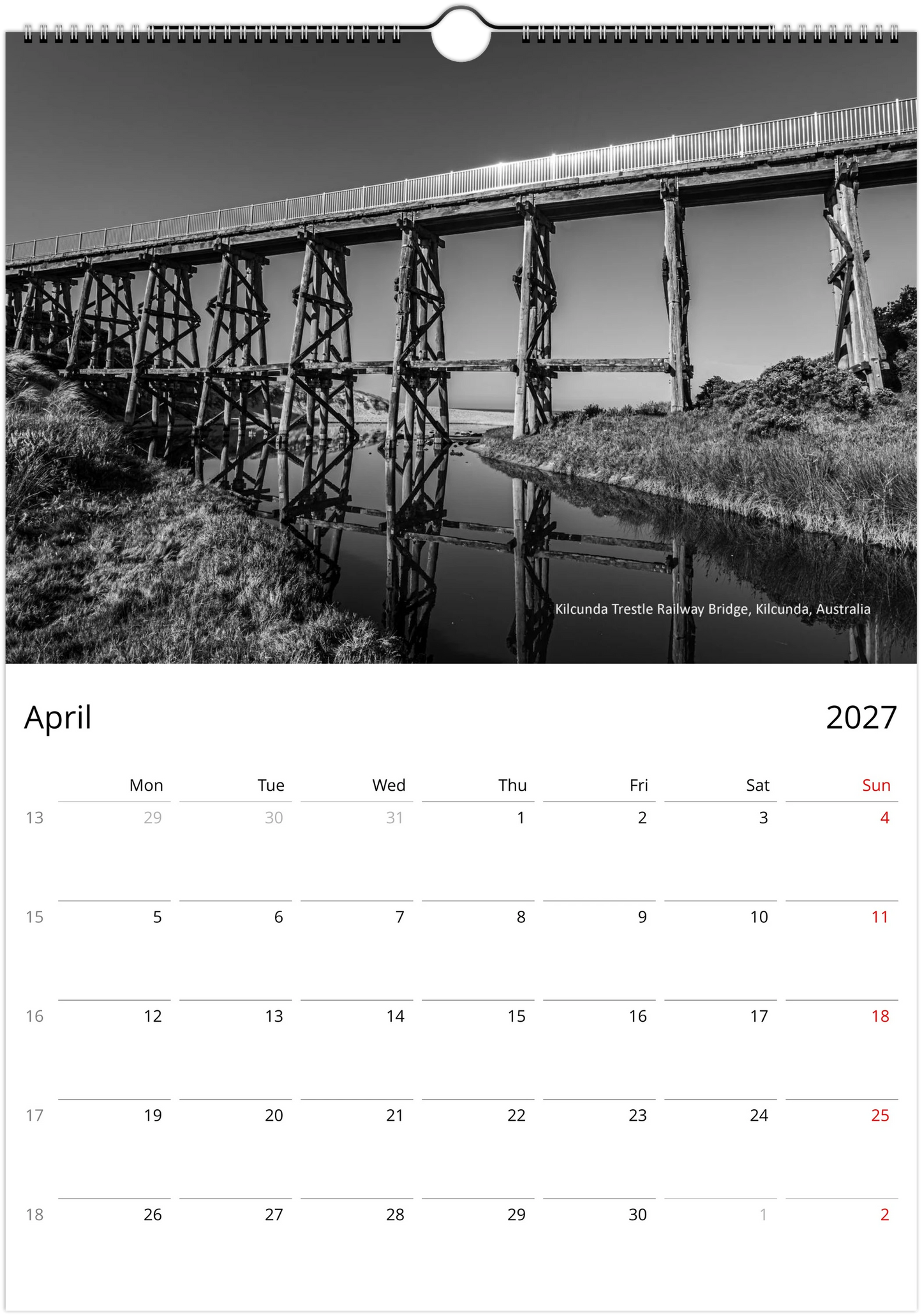2027 Bridges Wall Calendar – product packaging and spiral binding detail