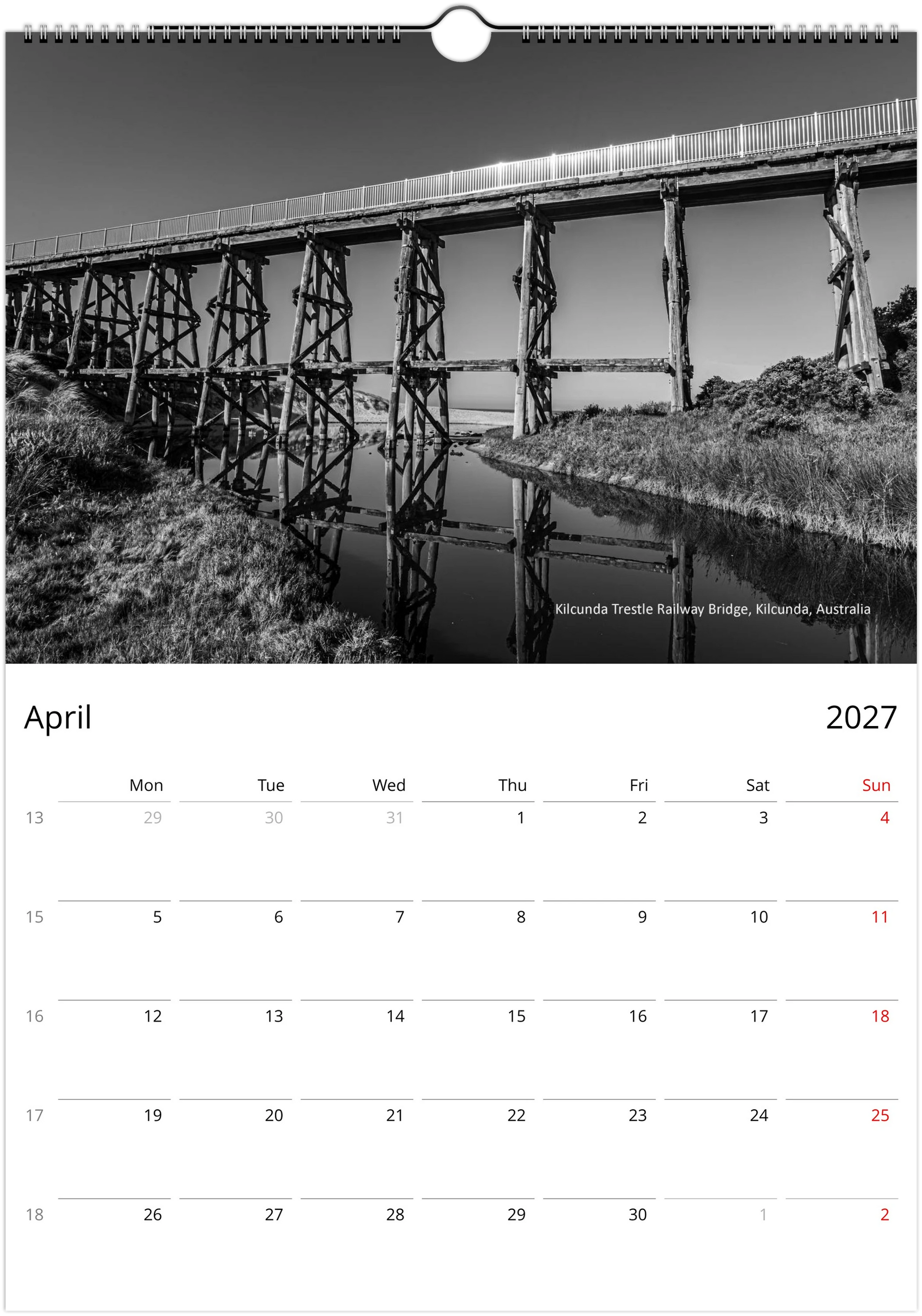 2027 Bridges Wall Calendar – product packaging and spiral binding detail