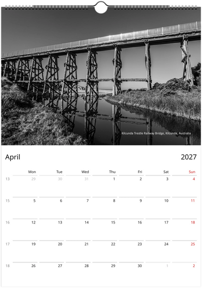 2027 Bridges Wall Calendar – product packaging and spiral binding detail