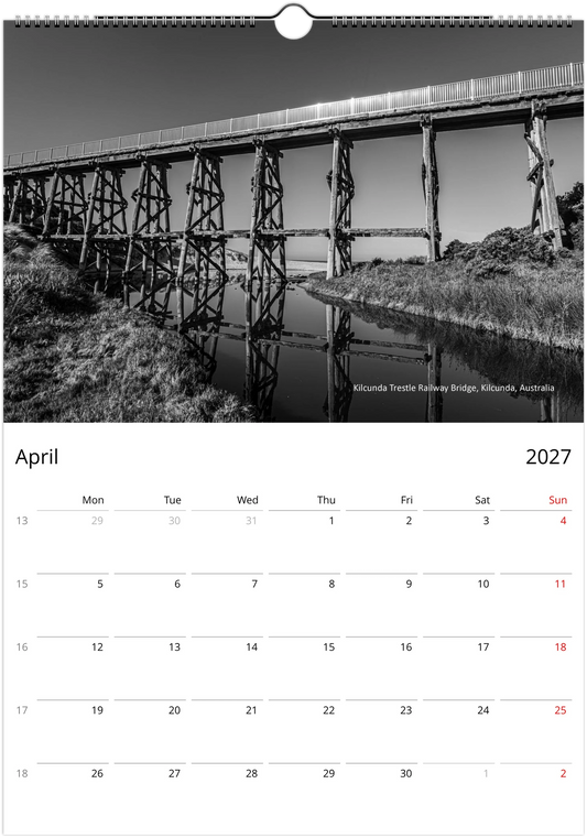 2027 Bridges Wall Calendar – product packaging and spiral binding detail