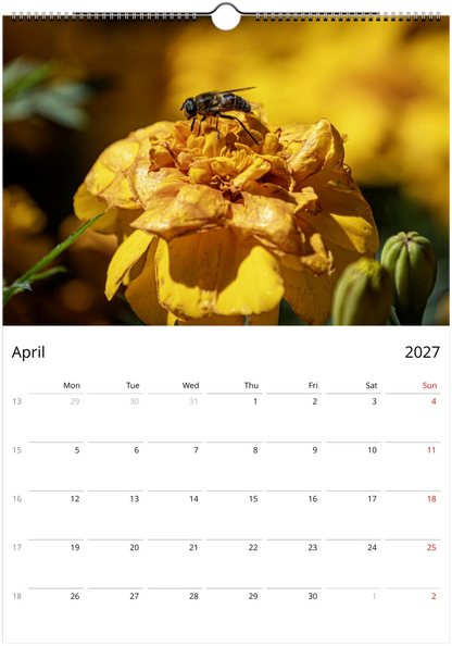 2027 Bees Wall Calendar – April monthly spread with bee and flower photography