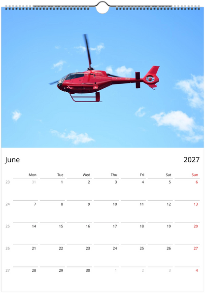 Aviation calendar page for June 2027 with a red helicopter flying in the sky. 