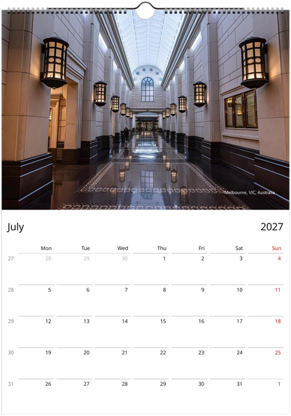 2027 Reflections Wall Calendar – July monthly spread with water reflection photography