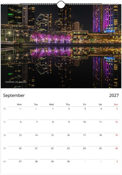 2027 Reflections Wall Calendar – September monthly spread with water reflection photography