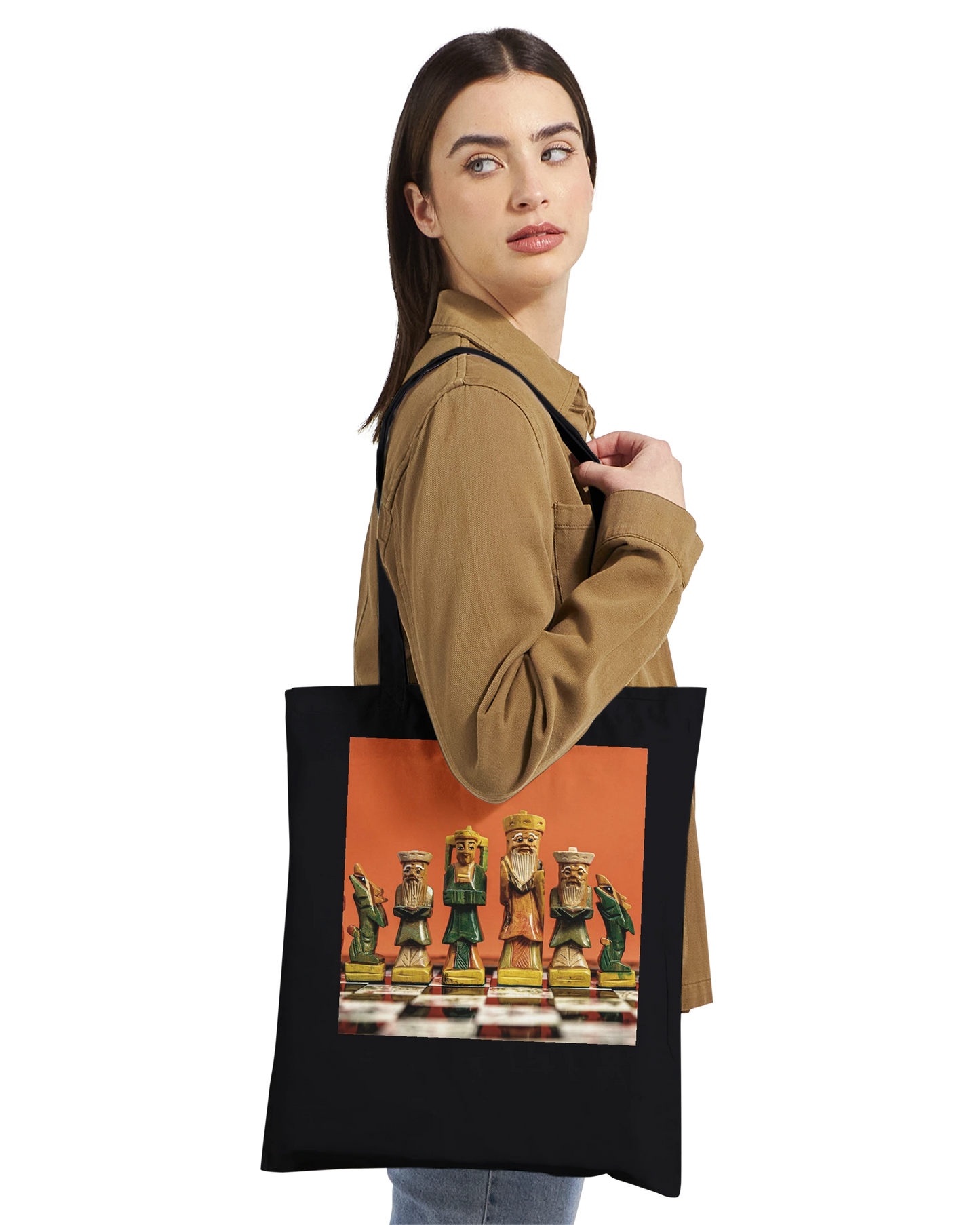 Woman wearing black premium chess tote bag – editorial lifestyle shot of personalised hand painted chess gift