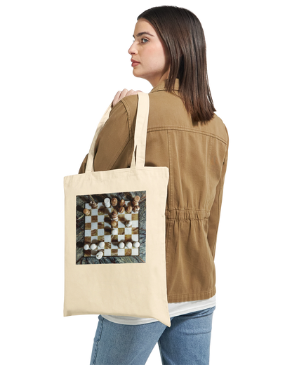 Woman carrying Carved from the Earth marble chess tote bag — Premium Natural