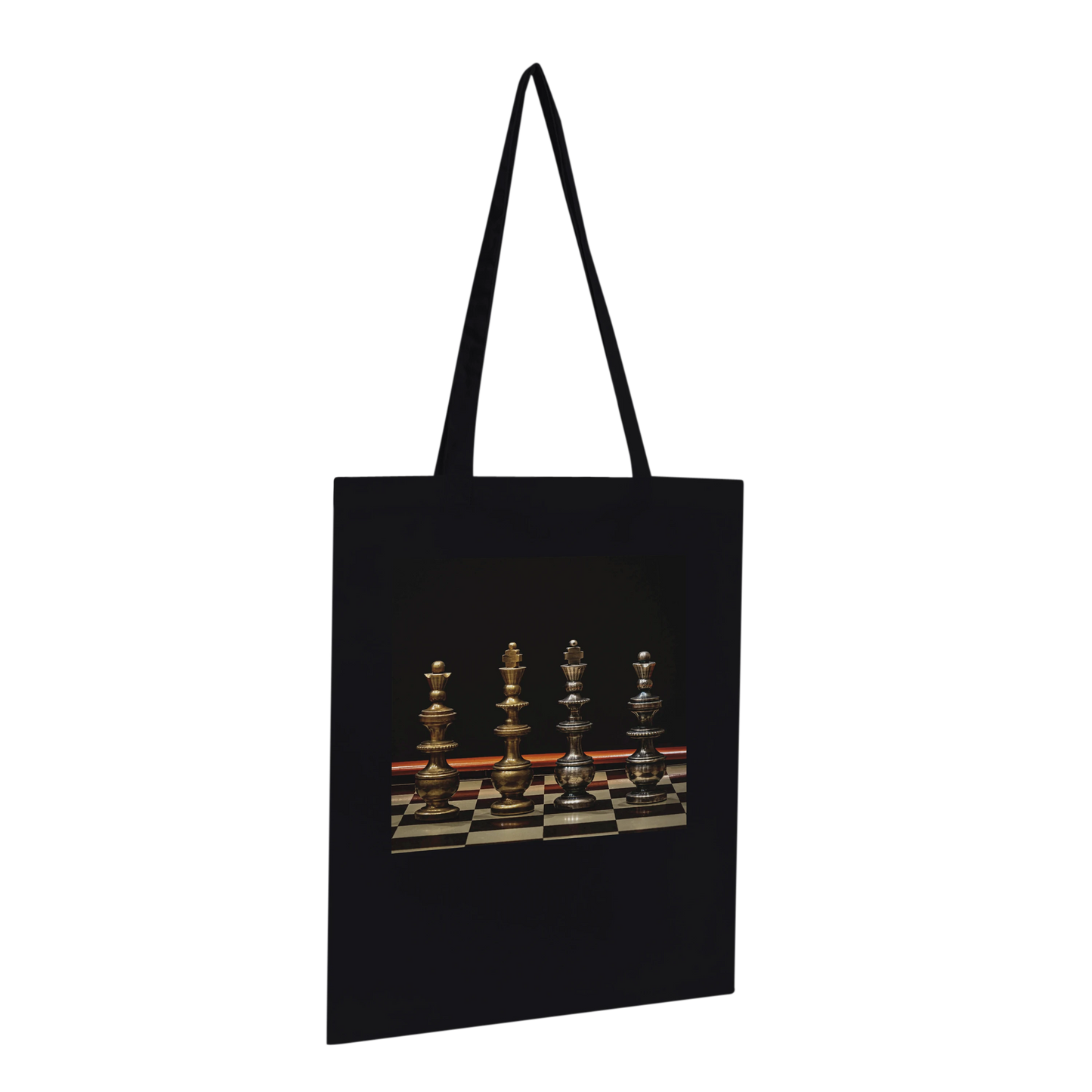 Bronze Chess Set Tote Bag Black Premium angled view – gold and silver chess pieces on dark background