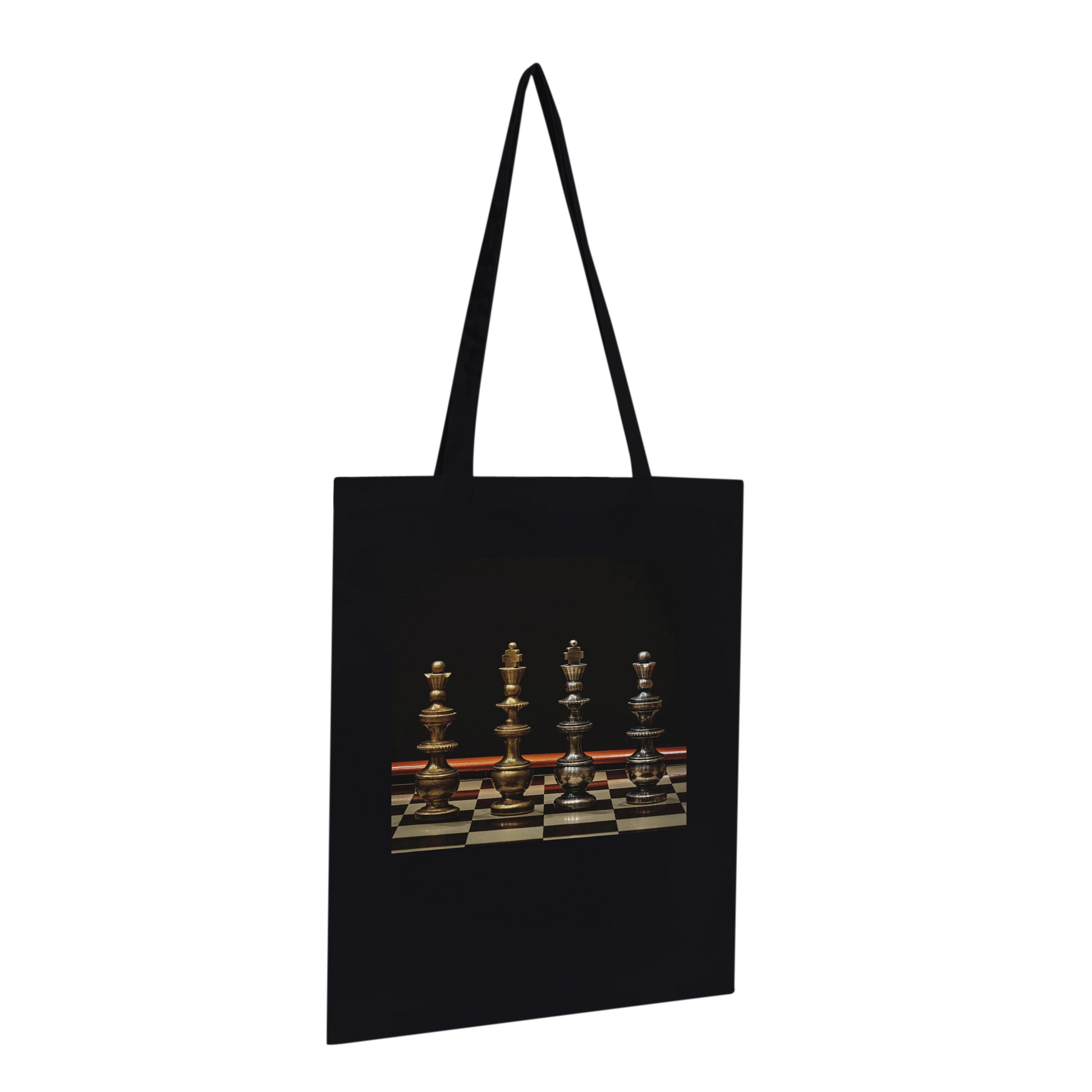 Bronze Chess Set Tote Bag Black Premium angled view – gold and silver chess pieces on dark background