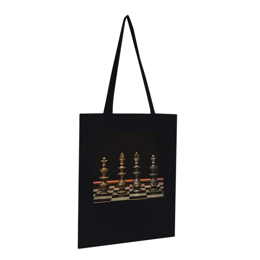 Bronze Chess Set Tote Bag Black Premium angled view – gold and silver chess pieces on dark background