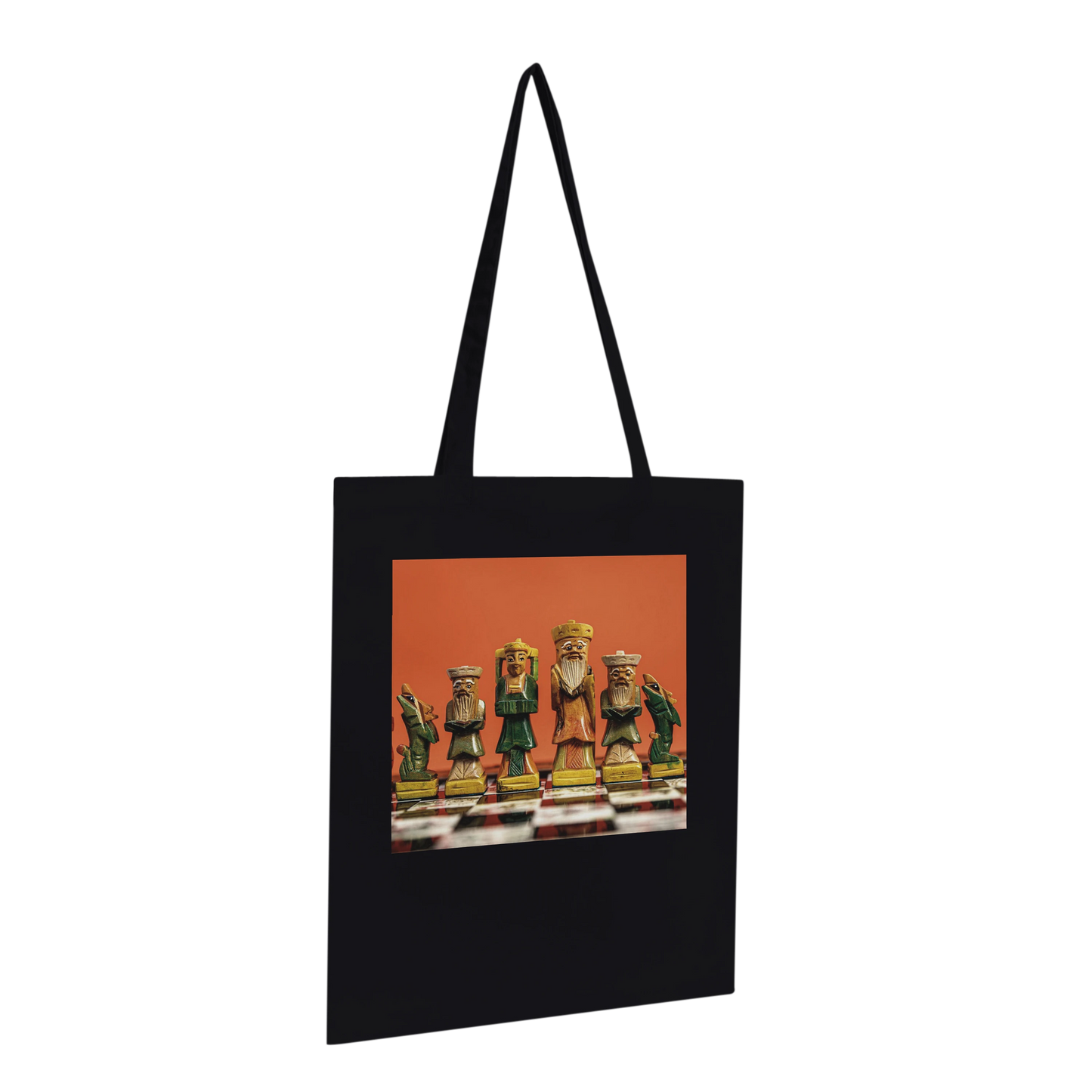 Premium black chess tote bag flat lay – hand painted wooden chess set art print by Istvan Maar Photography