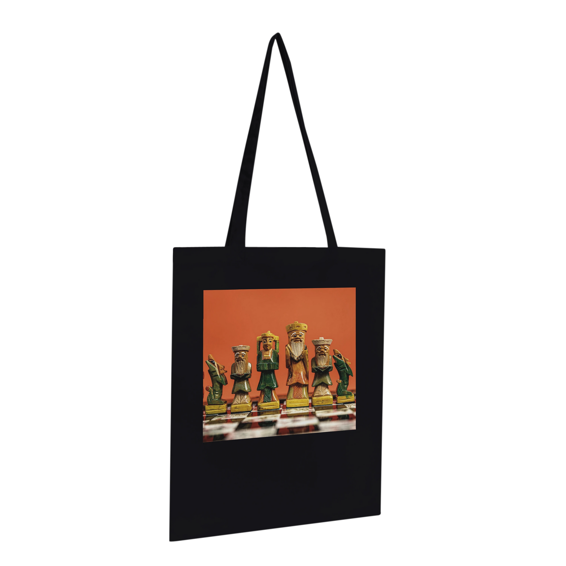 Premium black chess tote bag flat lay – hand painted wooden chess set art print by Istvan Maar Photography