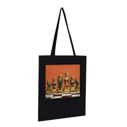 Premium black chess tote bag flat lay – hand painted wooden chess set art print by Istvan Maar Photography