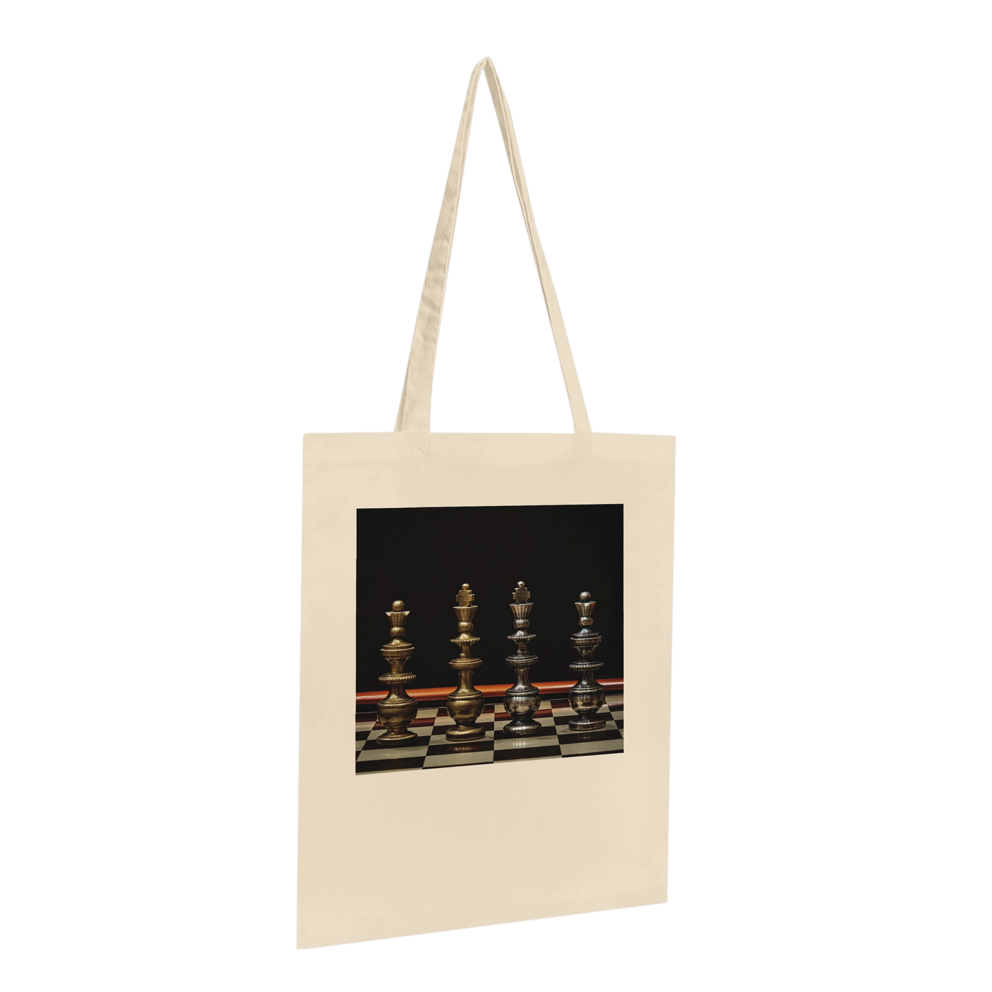 Bronze Chess Set Tote Bag Natural Premium angled view – ornate chess kings and queens art print