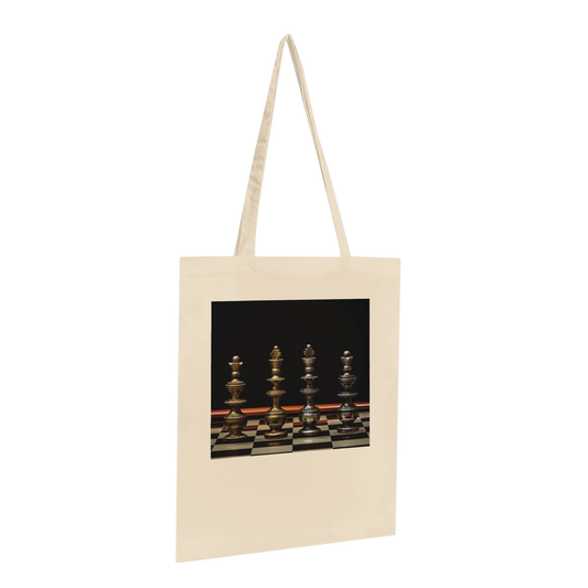 Bronze Chess Set Tote Bag Natural Premium angled view – ornate chess kings and queens art print