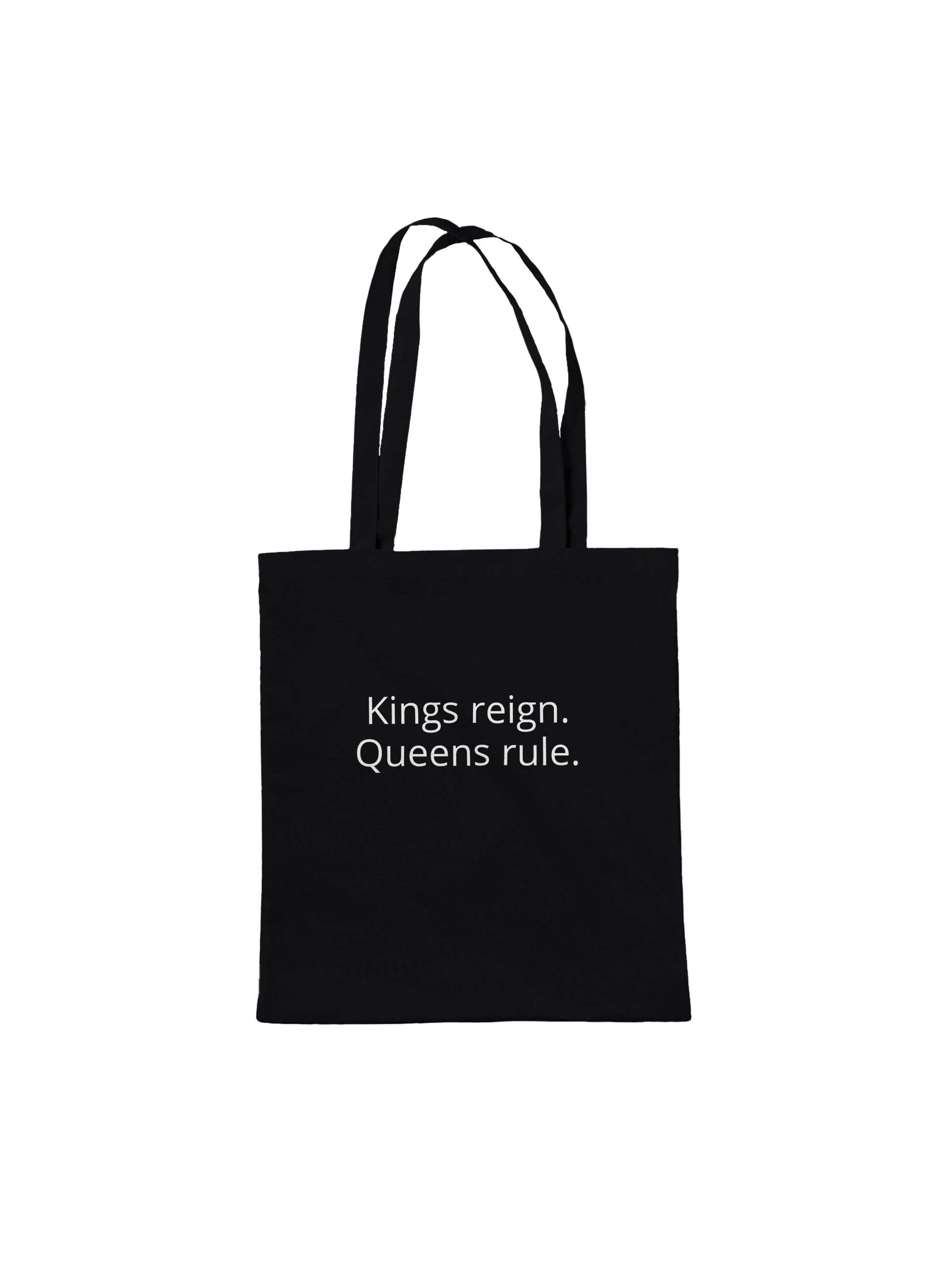 Back of Bronze Chess Set Tote Bag Black Premium – Kings reign. Queens rule. chess motto in white