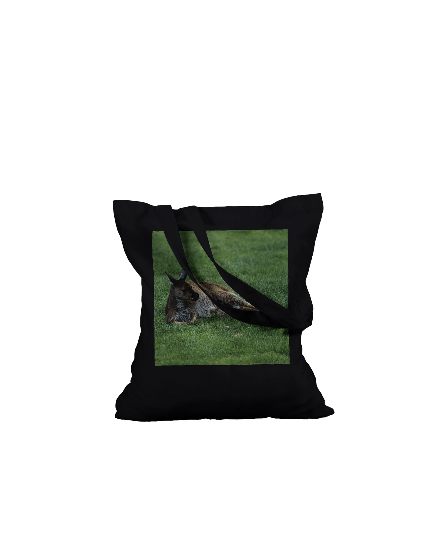 Premium black kangaroo tote bag flat lay on ground – Australian wildlife art canvas tote