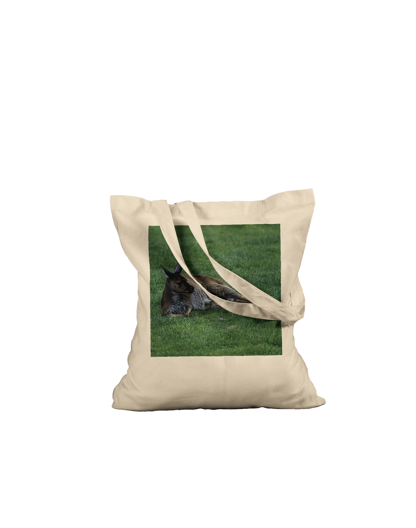 Premium natural canvas kangaroo tote bag flat lay on ground – Australian wildlife art tote