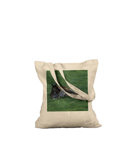 Premium natural canvas kangaroo tote bag flat lay on ground – Australian wildlife art tote