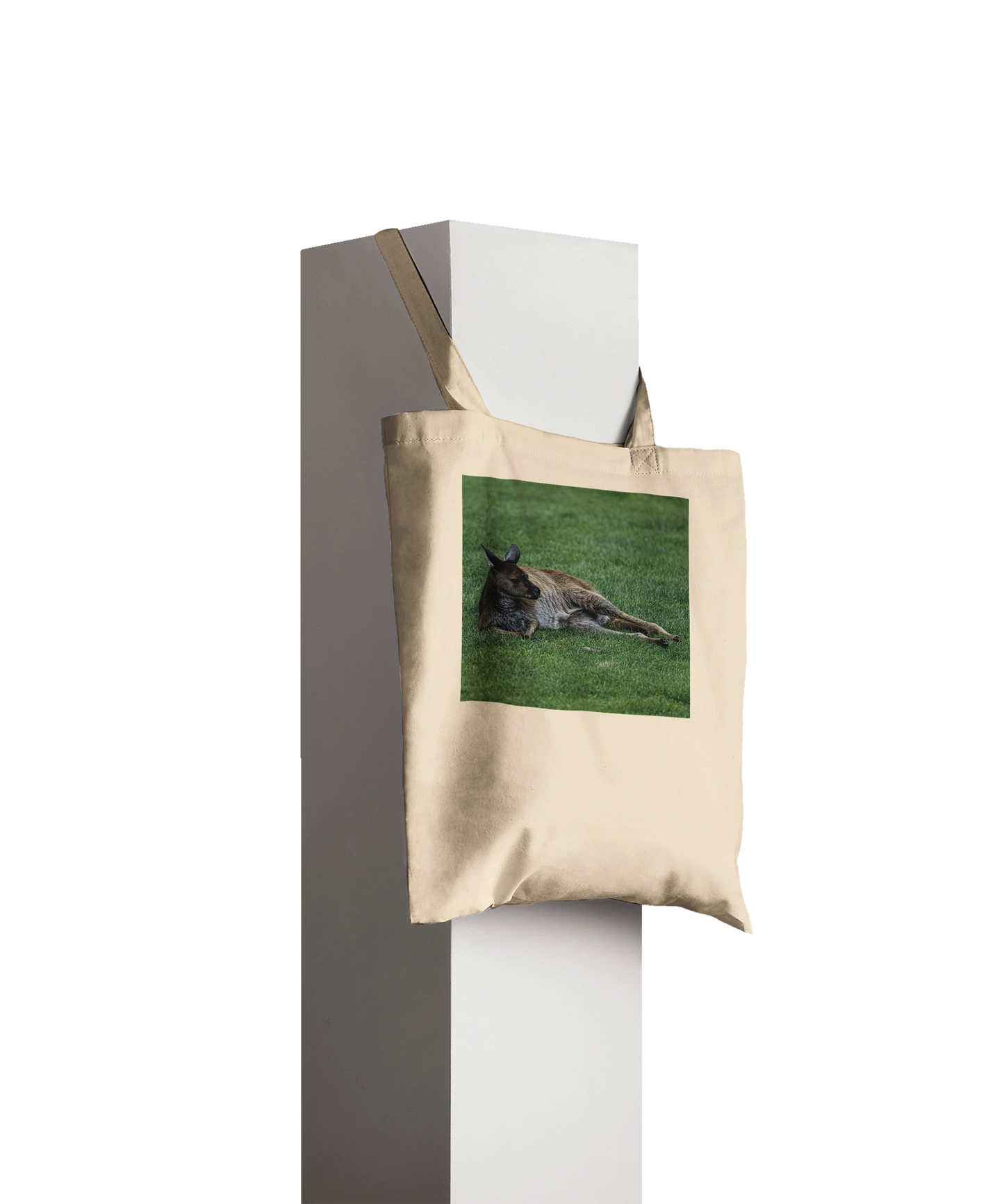 Premium natural canvas kangaroo tote bag displayed on pillar – personalised Australian wildlife gift tote