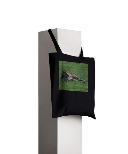 Premium black kangaroo tote bag displayed on pillar – personalised Australian wildlife gift tote