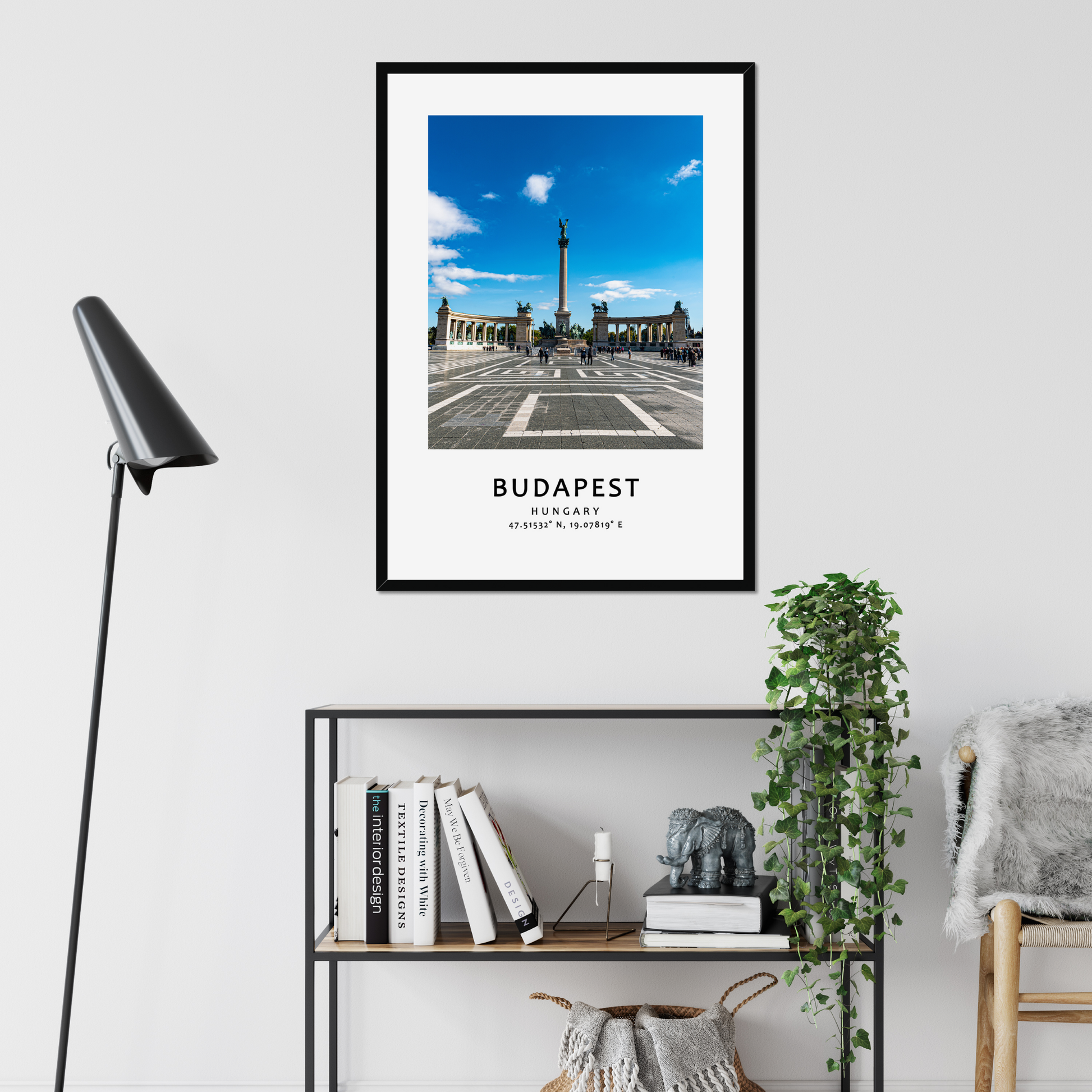 Personalised framed Budapest poster by Istvan Maar Photography - Heroes' Square - black frame living room