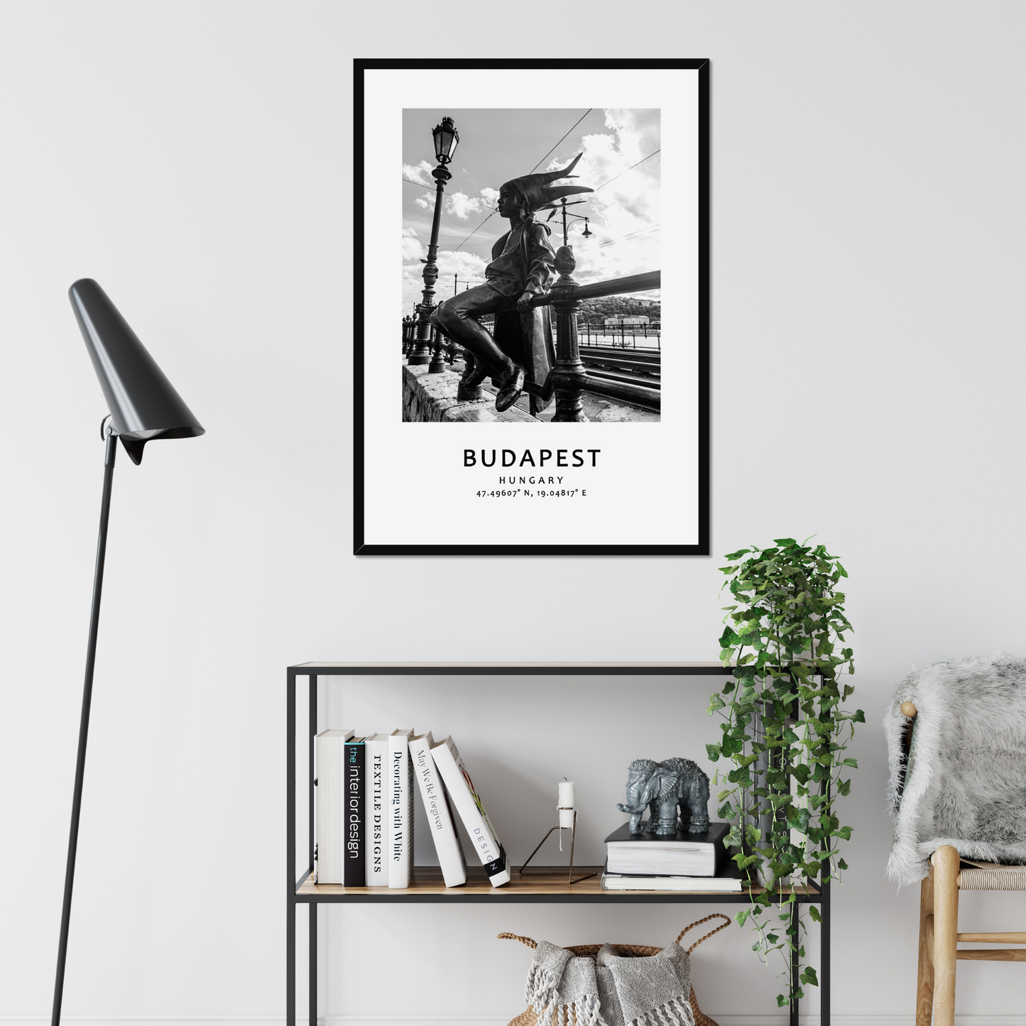 Personalized framed Budapest travel poster - black frame - living room